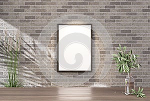 Empty room photo frame with black tile wall, interior background image