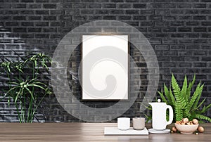 Empty room photo frame with black tile wall, interior background image