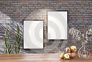 Empty room photo frame with tile wall, interior background image
