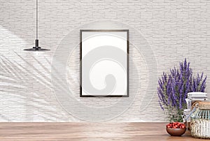 Empty room photo frame with tile wall, interior background image