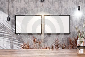 Empty room photo frame with tile wall, interior background image