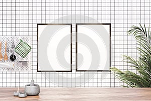 Empty room photo frame with tile wall, interior background image