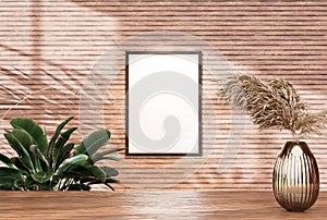 Empty room photo frame with tile wall, interior background image