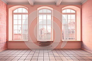 Empty room, pink wall and large windows. AI generative
