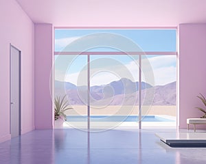 an empty room with pink walls and a pool