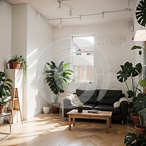 The empty room with plant near the wall