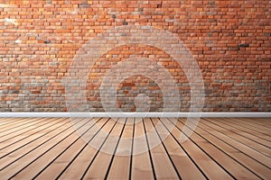 empty room with red brick wall and wooden floor.