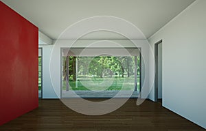 Empty room with red wall, windows and parquet