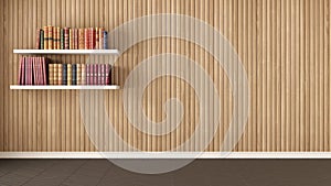 Empty room, shelves with old books, herringbone parquet and wood