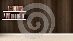 Empty room, shelves with old books, herringbone parquet and wood