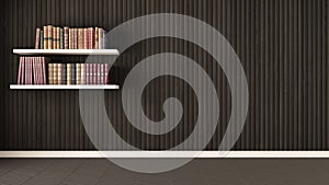 Empty room, shelves with old books, herringbone parquet and wood