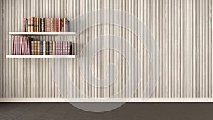 Empty room, shelves with old books, herringbone parquet and wood