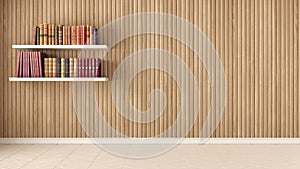 Empty room, shelves with old books, herringbone parquet and wood