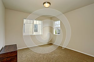 Empty room in soft tones with carpet floor and two windows