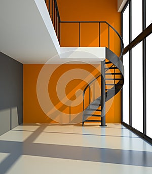 Empty room with staircase and orange wall photo