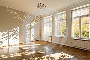 Empty room with sunlight and leaf shadows photo