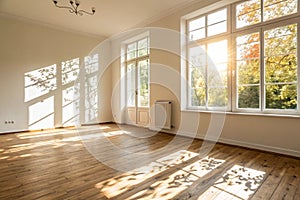 Empty room with sunlight and leaf shadows photo
