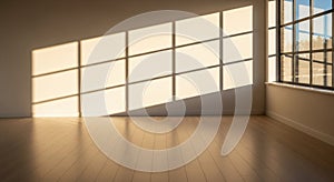 Empty Room with Sunlight Streaming Through a Grid Window Casting Geometric Shadows interior