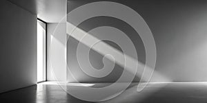 Empty room with sunlight streaming through a window, creating dramatic shadows on the wall and floor. Generative AI