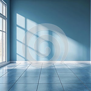 Empty room with tiled floor and blue wall with window. Vector illustration.