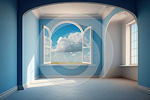 the empty room, with view of the blue sky and fluffy clouds, can be a peaceful place for meditation