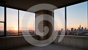 Empty Room with a View of the City Skyline at Sunset, Concrete Wall and Floor