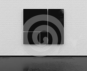 Empty room with white brick wall and black frames