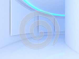 Empty room with white canvas on a curve wall blue light in the g