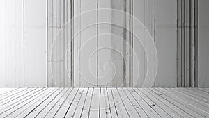 Empty room with white concrete wall and wooden floor