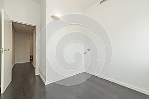 Empty room with white painted walls, gray wooden floors, long corridor and white wooden joinery