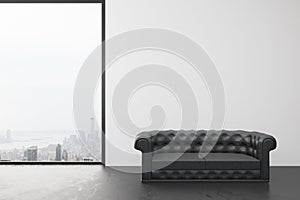 Empty room with white wall, big window with city view and black