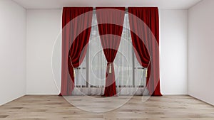 Empty room with white wall, parquet floor, and classic white vitrage, 3 maroon curtains