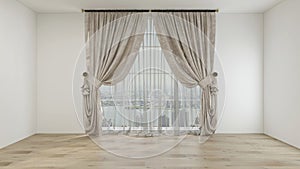 Empty room with white wall, parquet floor, and classic white vitrage, beige curtain