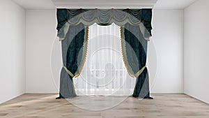 Empty room with white wall, parquet floor, and classic white vitrage, dark teal curtain