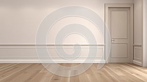 Empty room with white wall and wooden floor. 3D rendering minimalistic style. baseboard, paneling, modling.