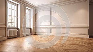 Empty room with white wall and wooden floor. Baseboard and molding on walls.
