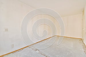 an empty room with white walls and a concrete floor