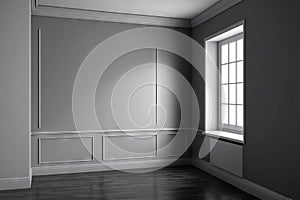 Empty room with white walls and a large window. Generative AI