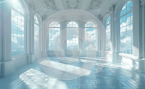 empty room with white windows 3d render, bright, hazy. Generative AI