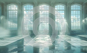 empty room with white windows 3d render, bright, hazy. Generative AI