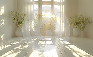 empty room with white windows 3d render, bright, hazy. Generative AI.
