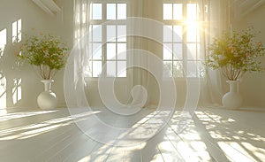 empty room with white windows 3d render, bright, hazy. Generative AI.