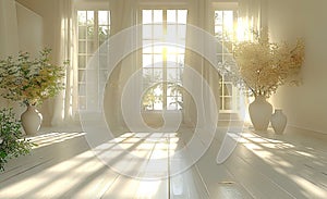 empty room with white windows 3d render, bright, hazy. Generative AI.