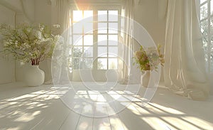 empty room with white windows 3d render, bright, hazy. Generative AI.