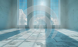 empty room with white windows 3d render, bright, hazy. Generative AI.
