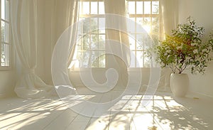 empty room with white windows 3d render, bright, hazy. Generative AI.
