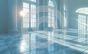 empty room with white windows 3d render, bright, hazy. Generative AI.