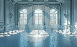 empty room with white windows 3d render, bright, hazy. Generative AI.