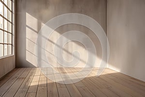 Empty room with window shadow on wall. Wooden empty room interior design, open space with beams ceiling and shadow on wall