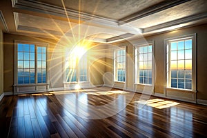 Empty room with window view and sun rays. 3D rendering. AI Generative